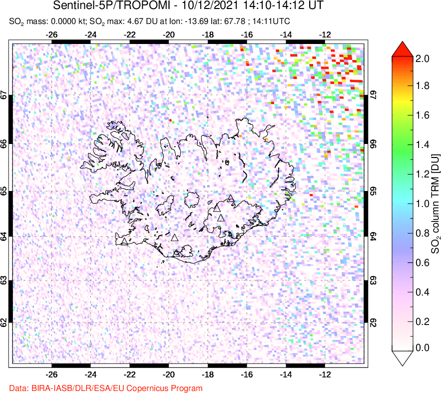 A sulfur dioxide image over Iceland on Oct 12, 2021.