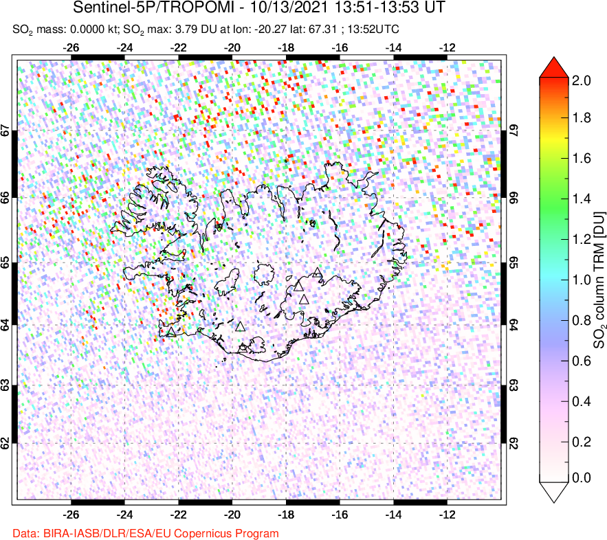 A sulfur dioxide image over Iceland on Oct 13, 2021.