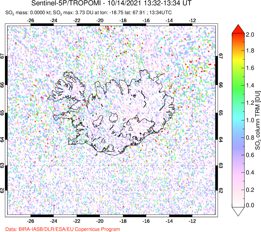 A sulfur dioxide image over Iceland on Oct 14, 2021.