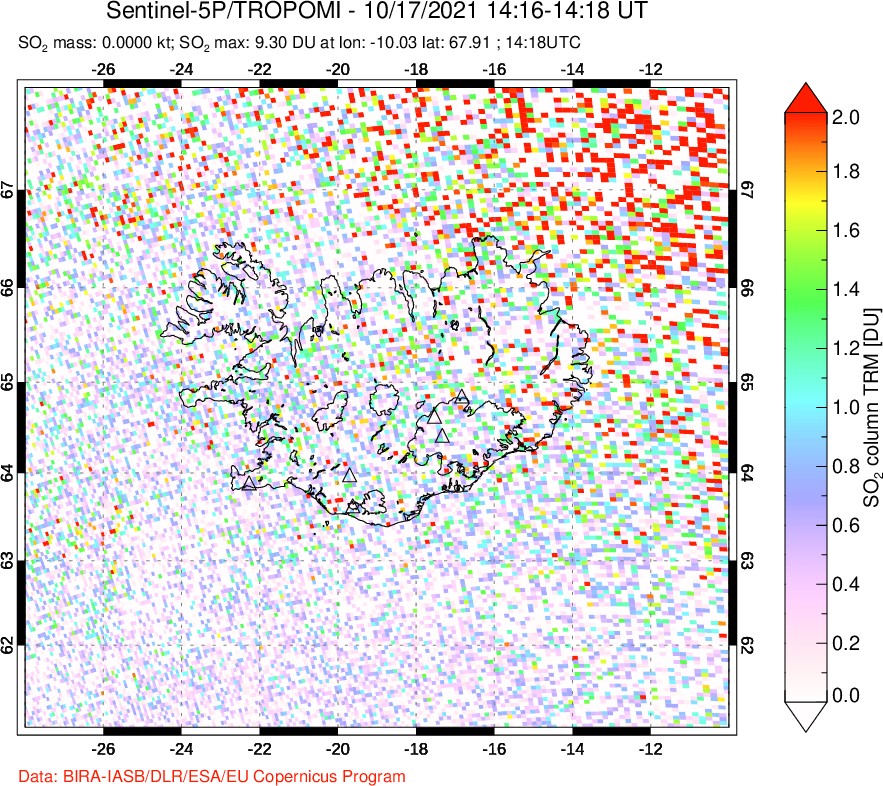 A sulfur dioxide image over Iceland on Oct 17, 2021.