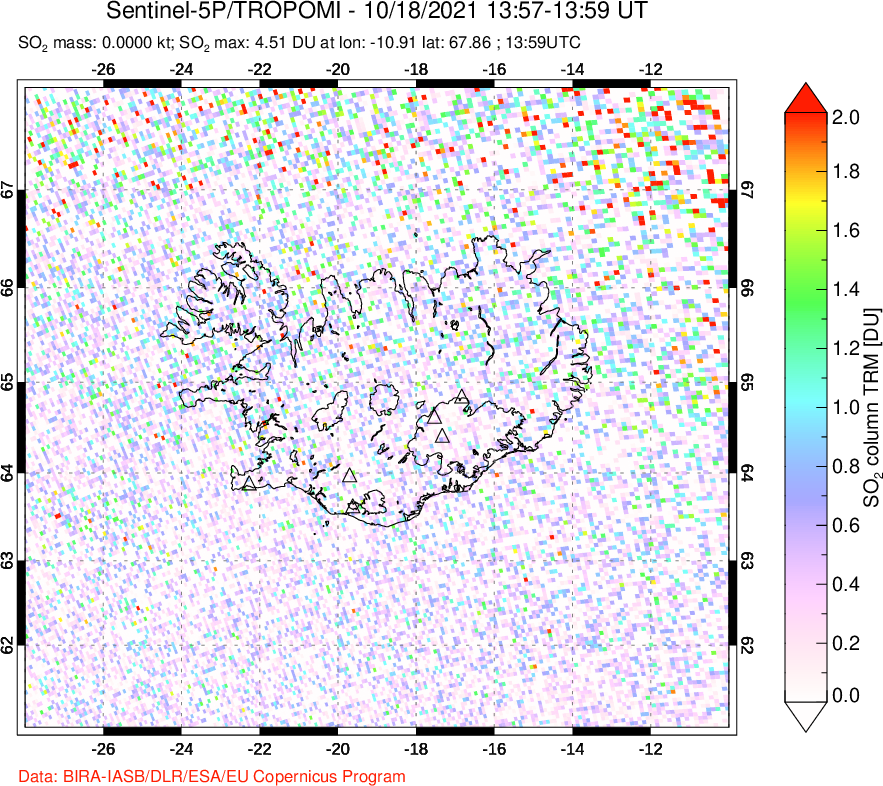 A sulfur dioxide image over Iceland on Oct 18, 2021.