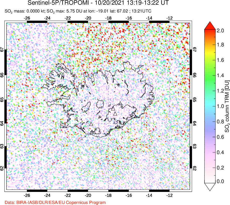 A sulfur dioxide image over Iceland on Oct 20, 2021.