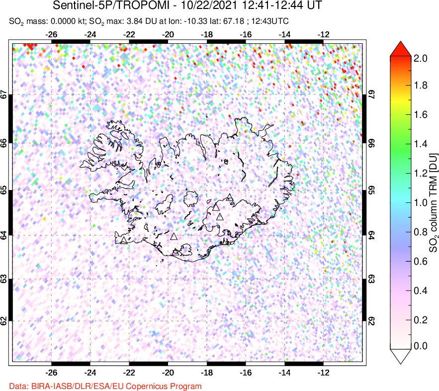 A sulfur dioxide image over Iceland on Oct 22, 2021.