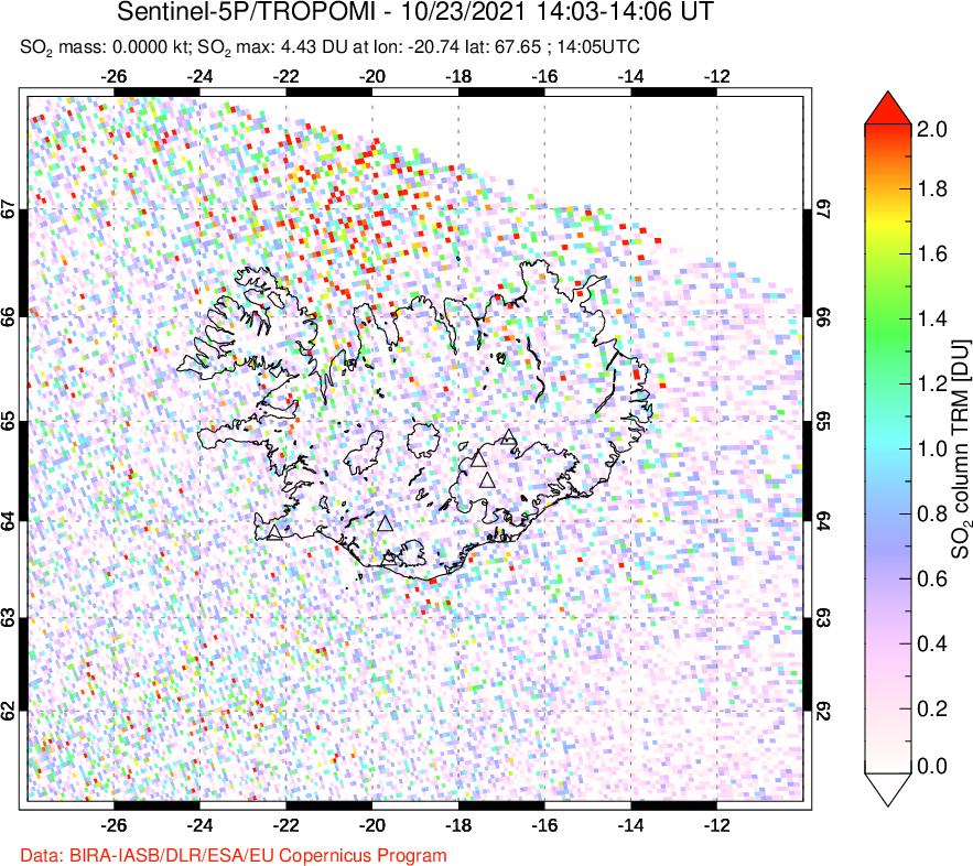 A sulfur dioxide image over Iceland on Oct 23, 2021.