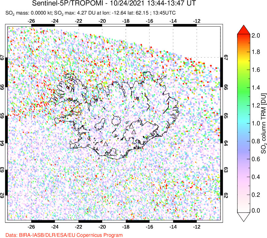 A sulfur dioxide image over Iceland on Oct 24, 2021.