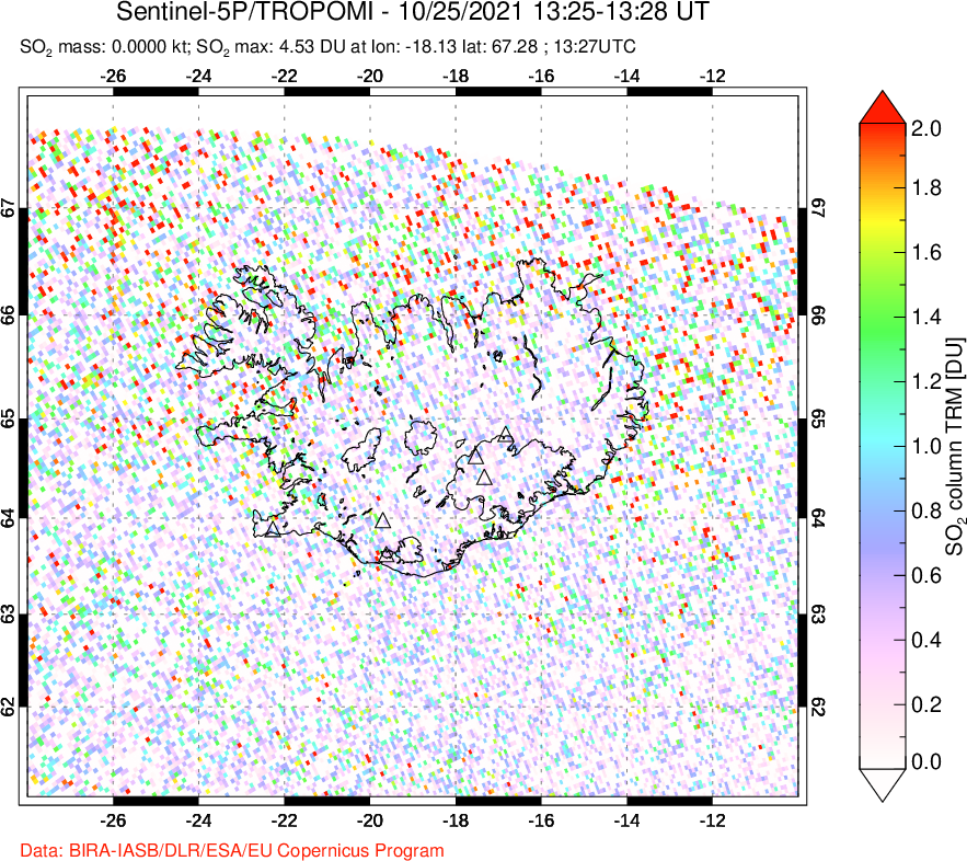 A sulfur dioxide image over Iceland on Oct 25, 2021.