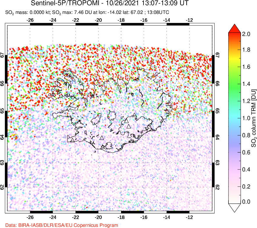A sulfur dioxide image over Iceland on Oct 26, 2021.
