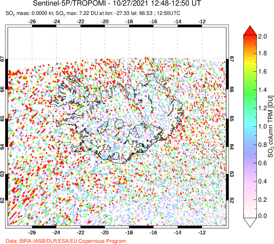 A sulfur dioxide image over Iceland on Oct 27, 2021.