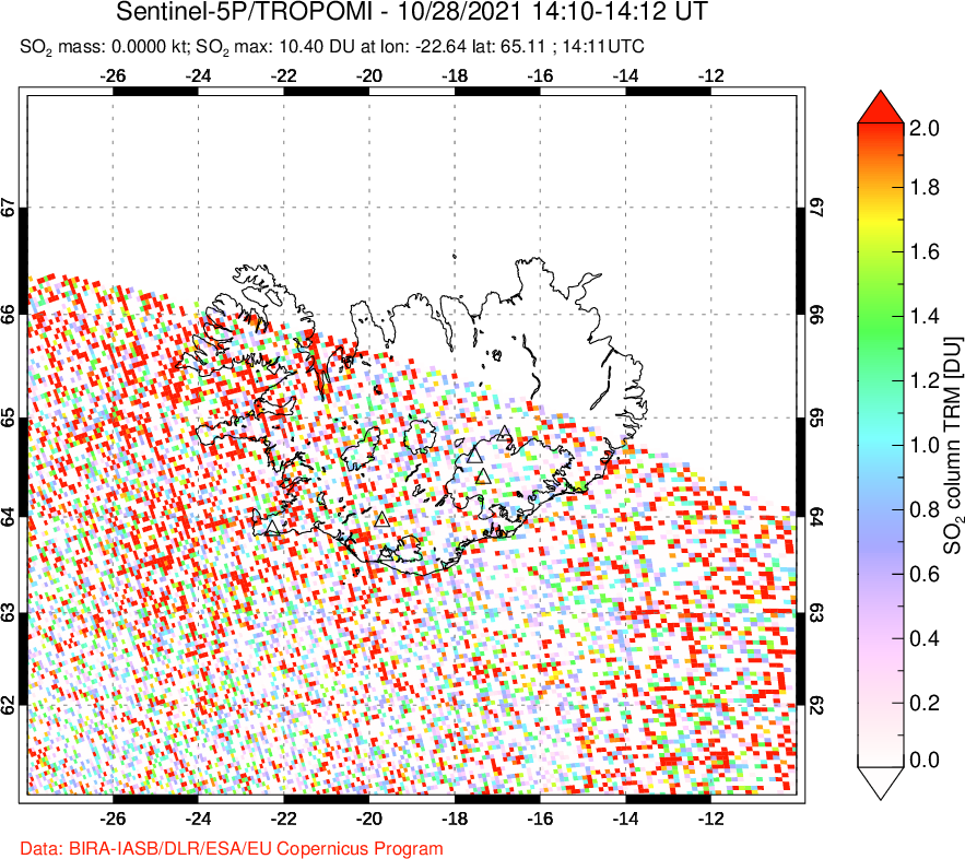 A sulfur dioxide image over Iceland on Oct 28, 2021.