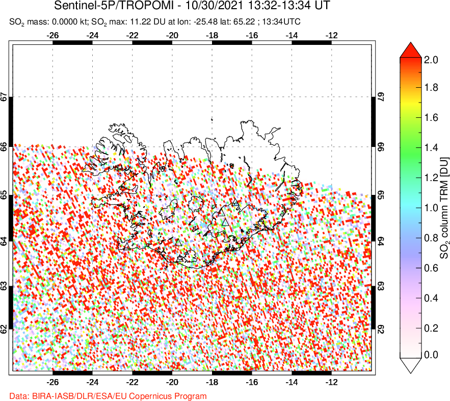 A sulfur dioxide image over Iceland on Oct 30, 2021.
