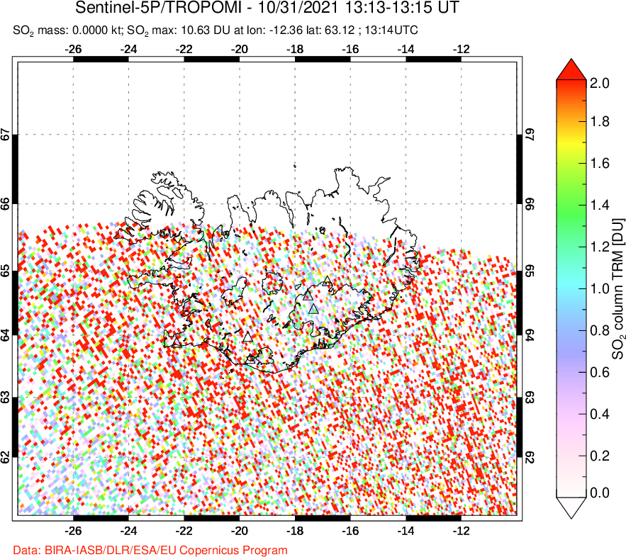 A sulfur dioxide image over Iceland on Oct 31, 2021.