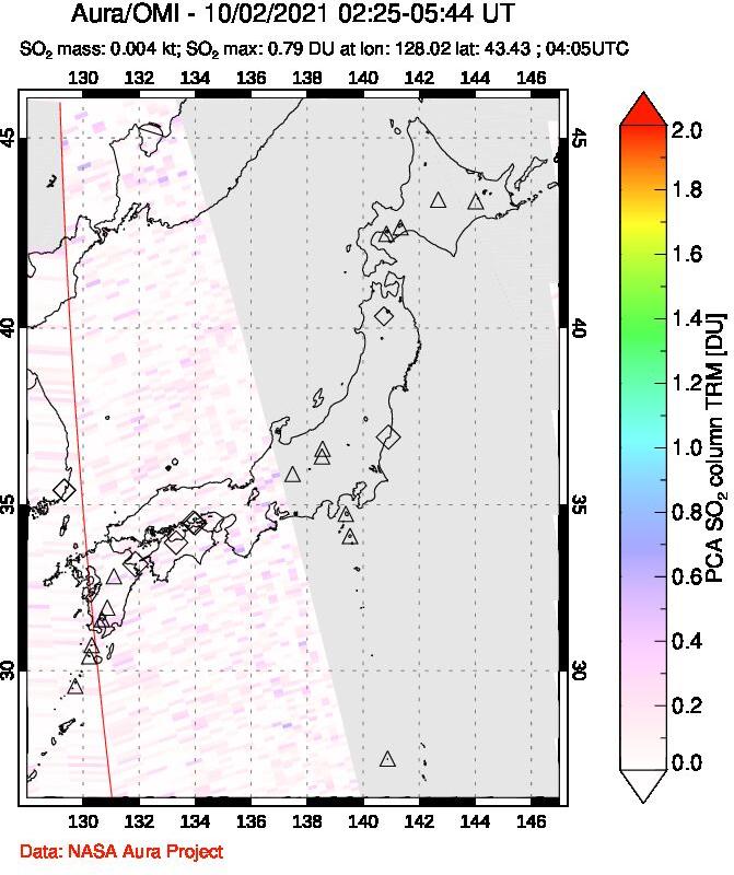 A sulfur dioxide image over Japan on Oct 02, 2021.