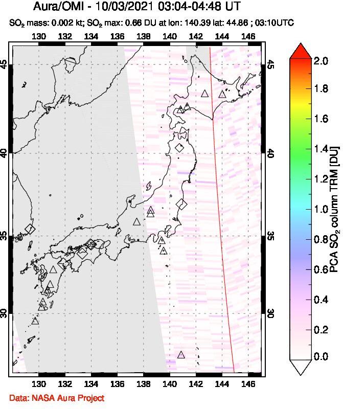 A sulfur dioxide image over Japan on Oct 03, 2021.