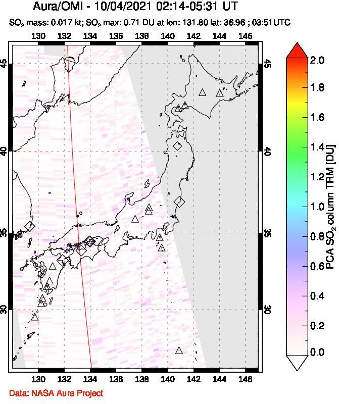 A sulfur dioxide image over Japan on Oct 04, 2021.