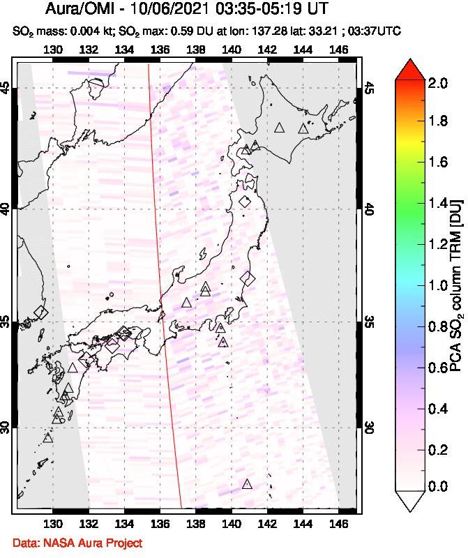 A sulfur dioxide image over Japan on Oct 06, 2021.