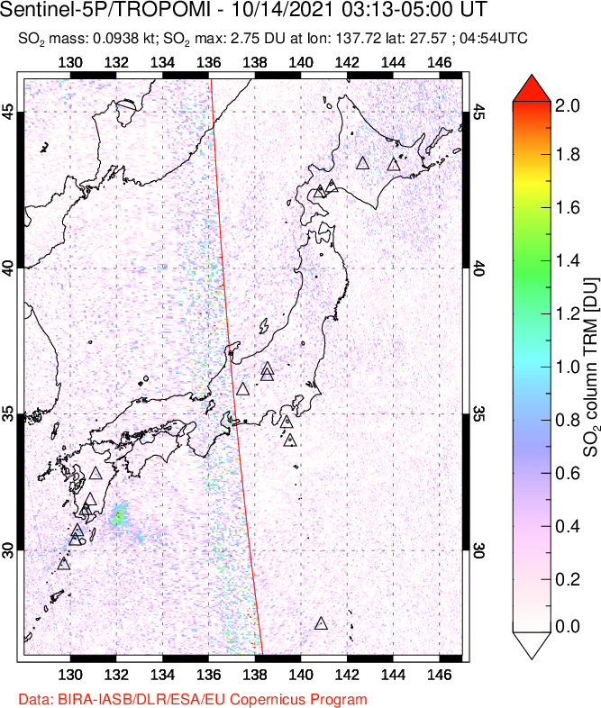 A sulfur dioxide image over Japan on Oct 14, 2021.