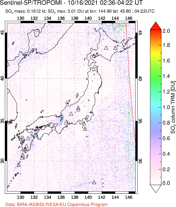 A sulfur dioxide image over Japan on Oct 16, 2021.