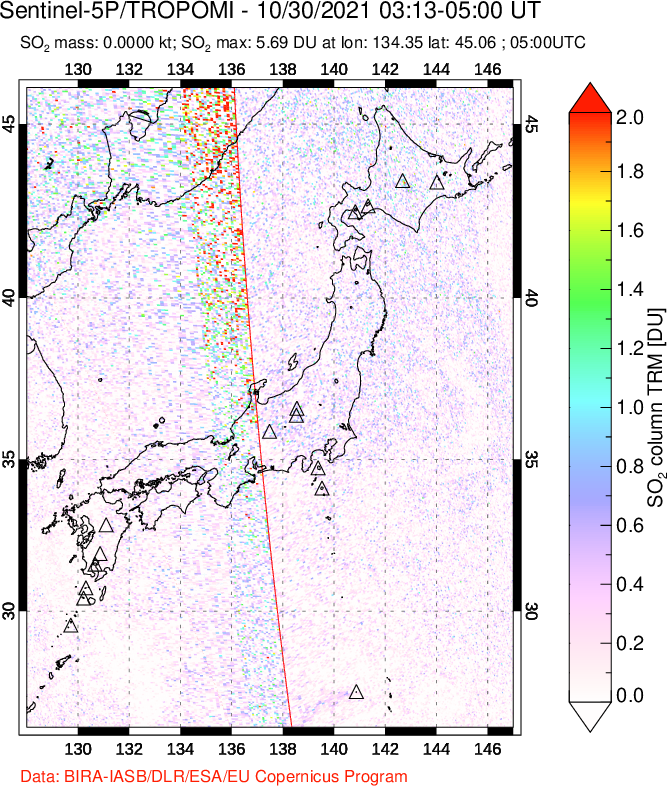 A sulfur dioxide image over Japan on Oct 30, 2021.
