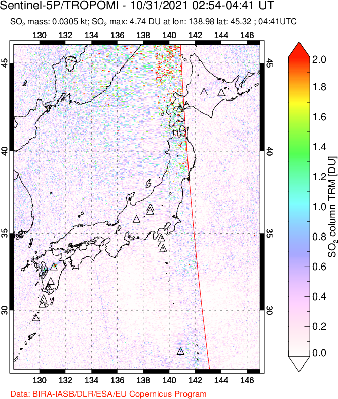 A sulfur dioxide image over Japan on Oct 31, 2021.