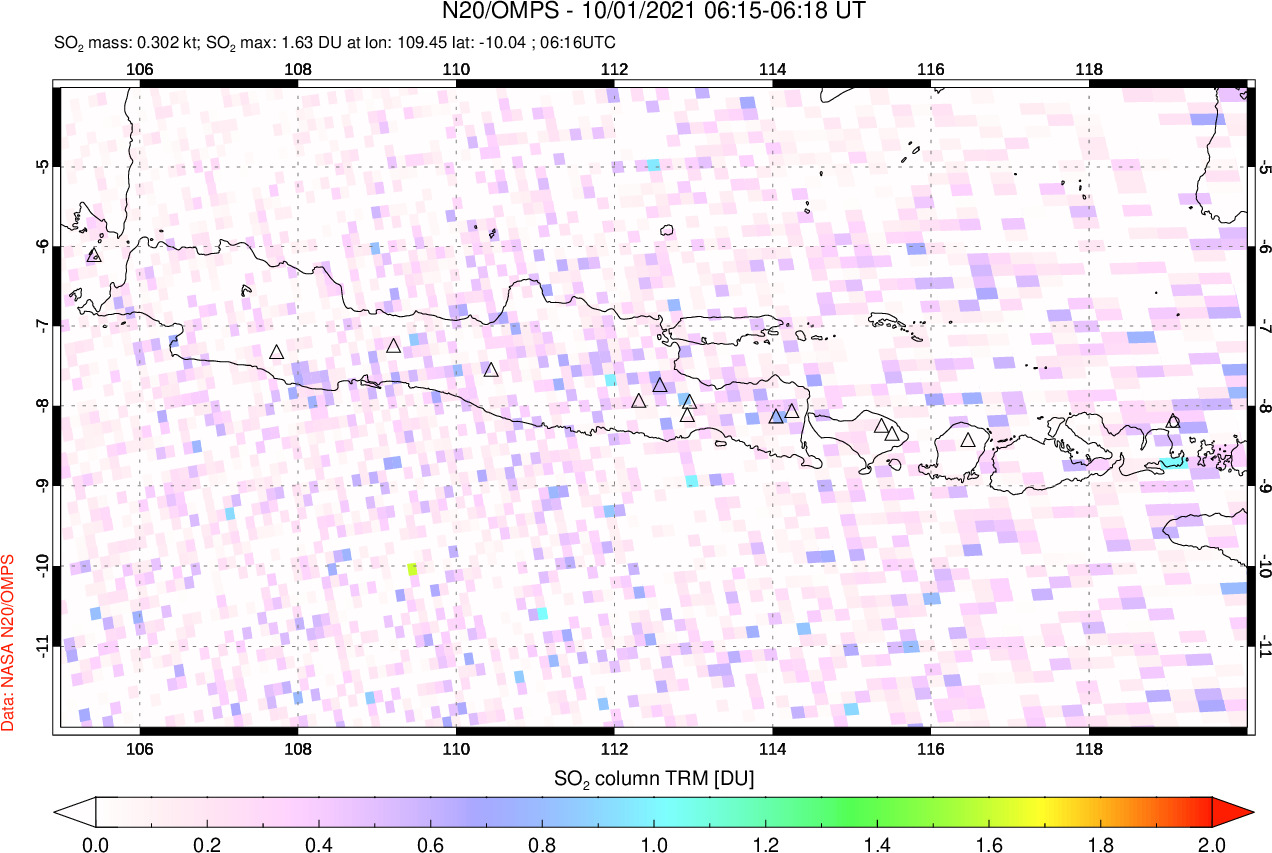 A sulfur dioxide image over Java, Indonesia on Oct 01, 2021.