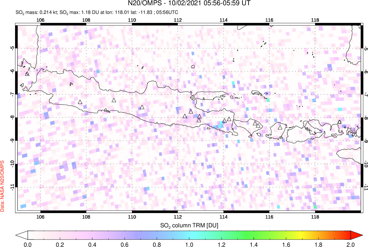 A sulfur dioxide image over Java, Indonesia on Oct 02, 2021.