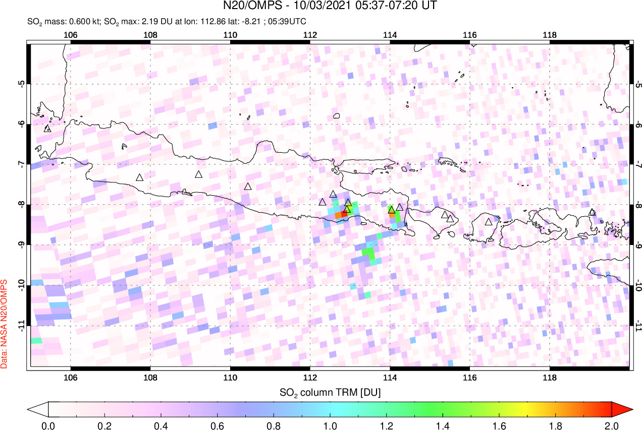 A sulfur dioxide image over Java, Indonesia on Oct 03, 2021.