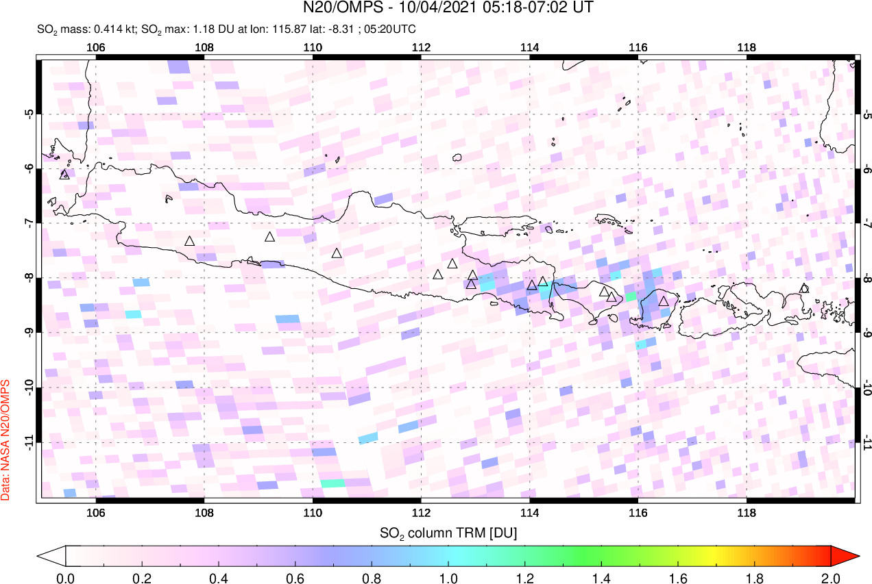A sulfur dioxide image over Java, Indonesia on Oct 04, 2021.