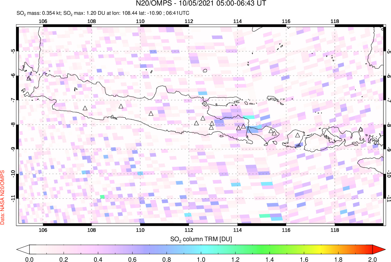 A sulfur dioxide image over Java, Indonesia on Oct 05, 2021.