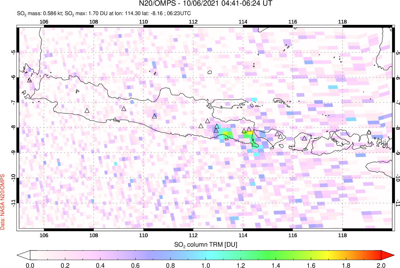 A sulfur dioxide image over Java, Indonesia on Oct 06, 2021.