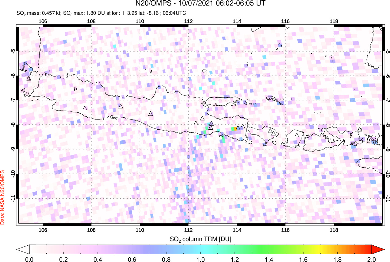 A sulfur dioxide image over Java, Indonesia on Oct 07, 2021.
