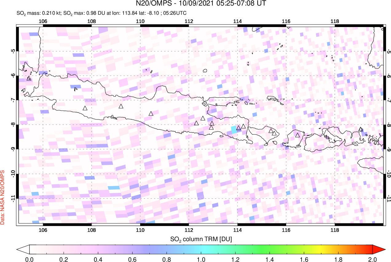 A sulfur dioxide image over Java, Indonesia on Oct 09, 2021.