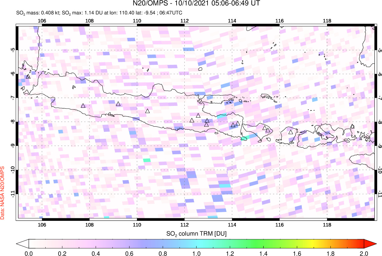 A sulfur dioxide image over Java, Indonesia on Oct 10, 2021.