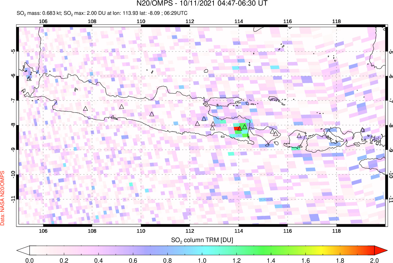 A sulfur dioxide image over Java, Indonesia on Oct 11, 2021.