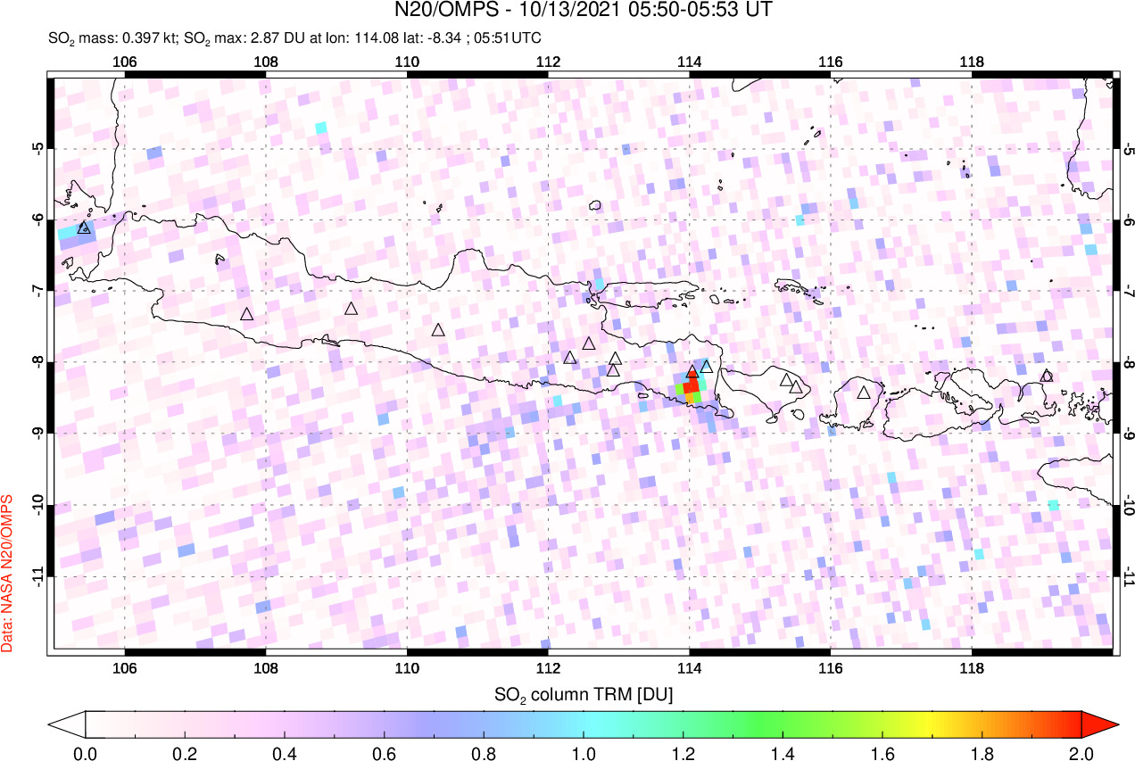 A sulfur dioxide image over Java, Indonesia on Oct 13, 2021.