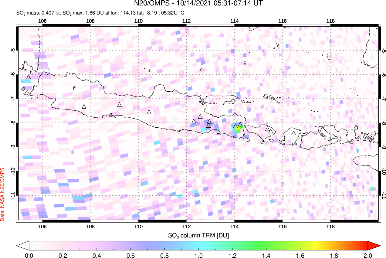 A sulfur dioxide image over Java, Indonesia on Oct 14, 2021.