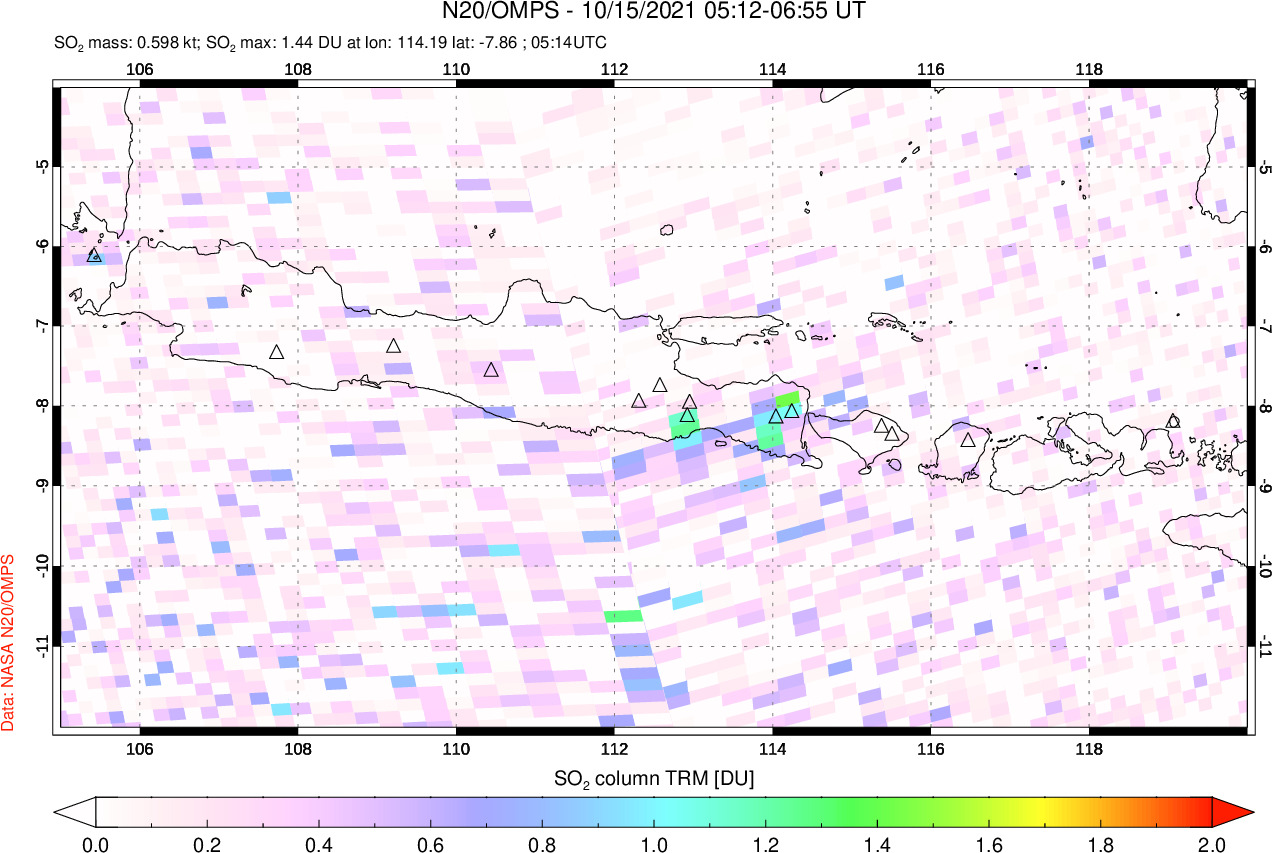 A sulfur dioxide image over Java, Indonesia on Oct 15, 2021.