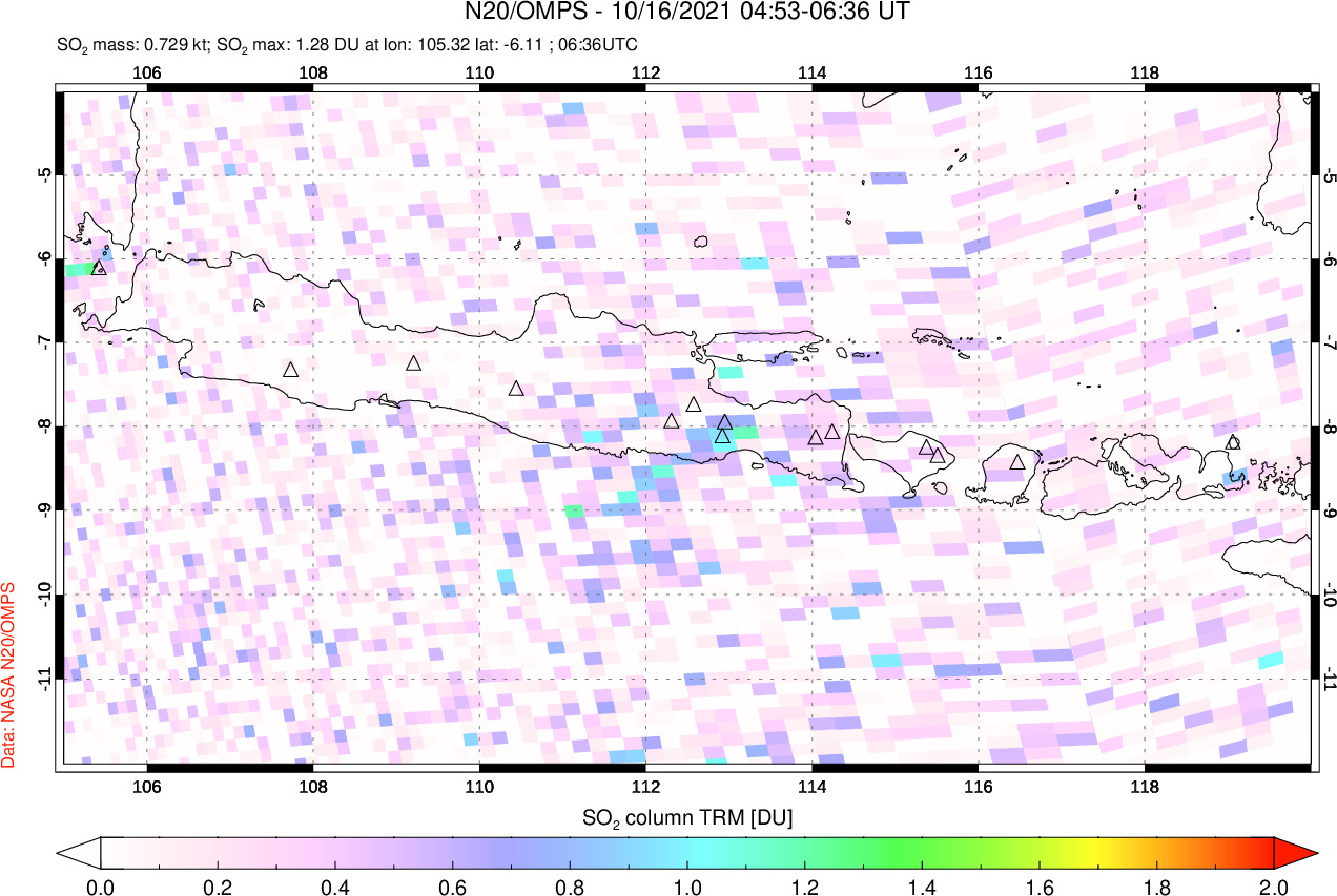 A sulfur dioxide image over Java, Indonesia on Oct 16, 2021.