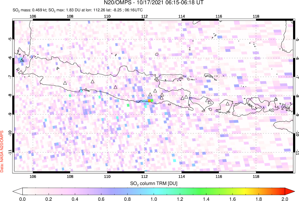 A sulfur dioxide image over Java, Indonesia on Oct 17, 2021.