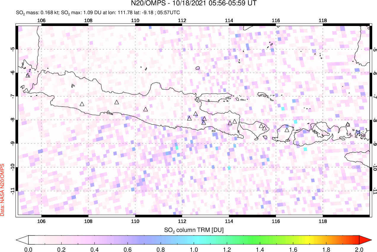 A sulfur dioxide image over Java, Indonesia on Oct 18, 2021.