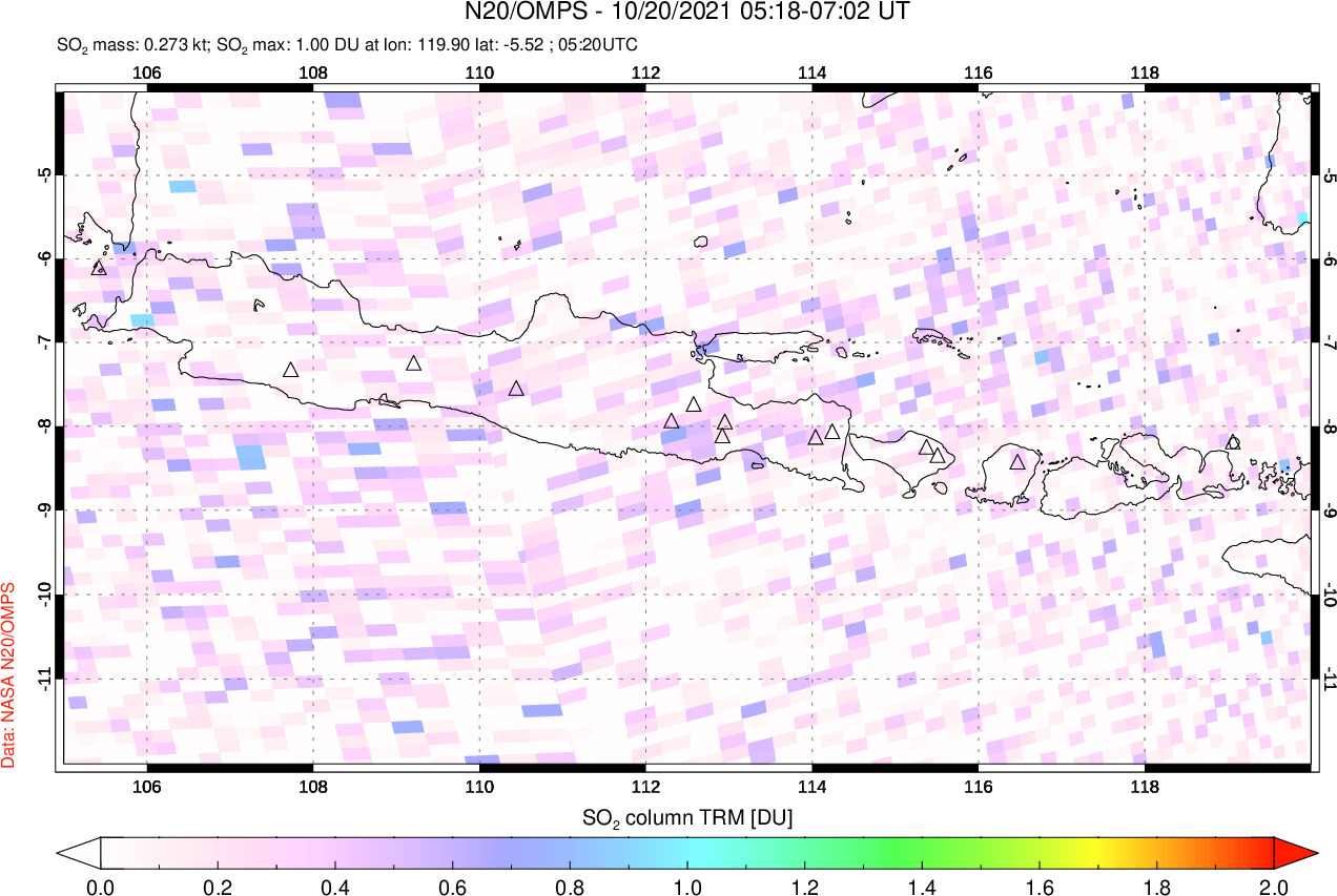 A sulfur dioxide image over Java, Indonesia on Oct 20, 2021.