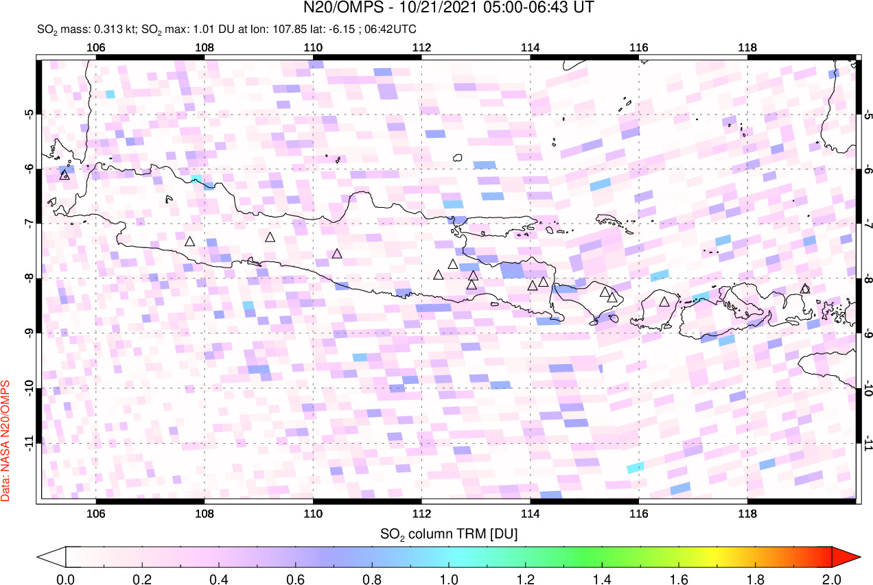 A sulfur dioxide image over Java, Indonesia on Oct 21, 2021.