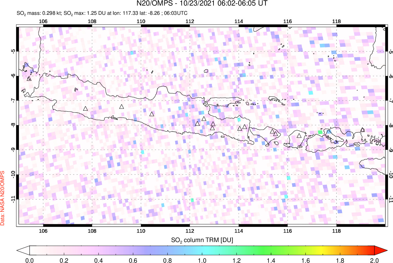 A sulfur dioxide image over Java, Indonesia on Oct 23, 2021.