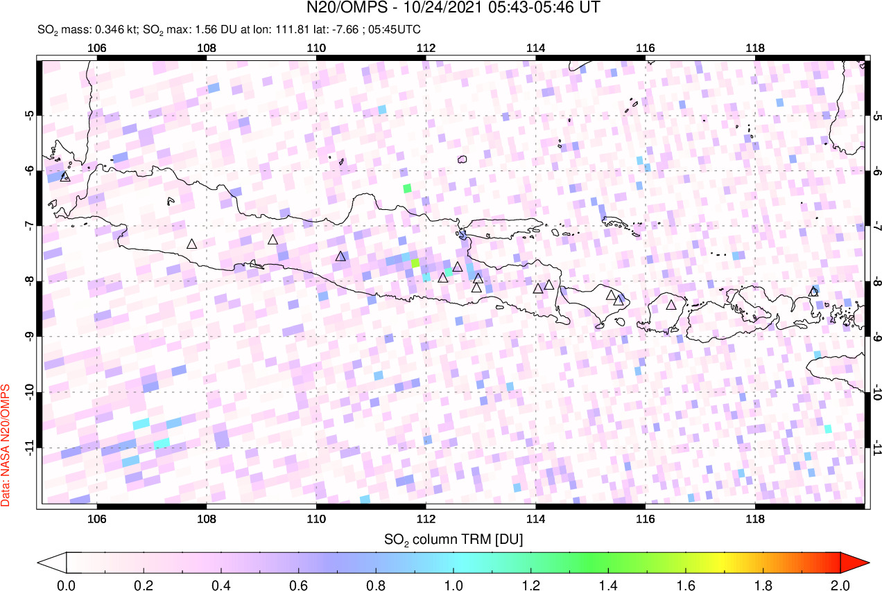 A sulfur dioxide image over Java, Indonesia on Oct 24, 2021.