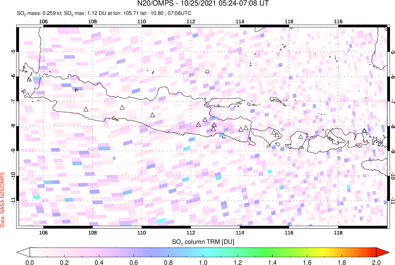 A sulfur dioxide image over Java, Indonesia on Oct 25, 2021.