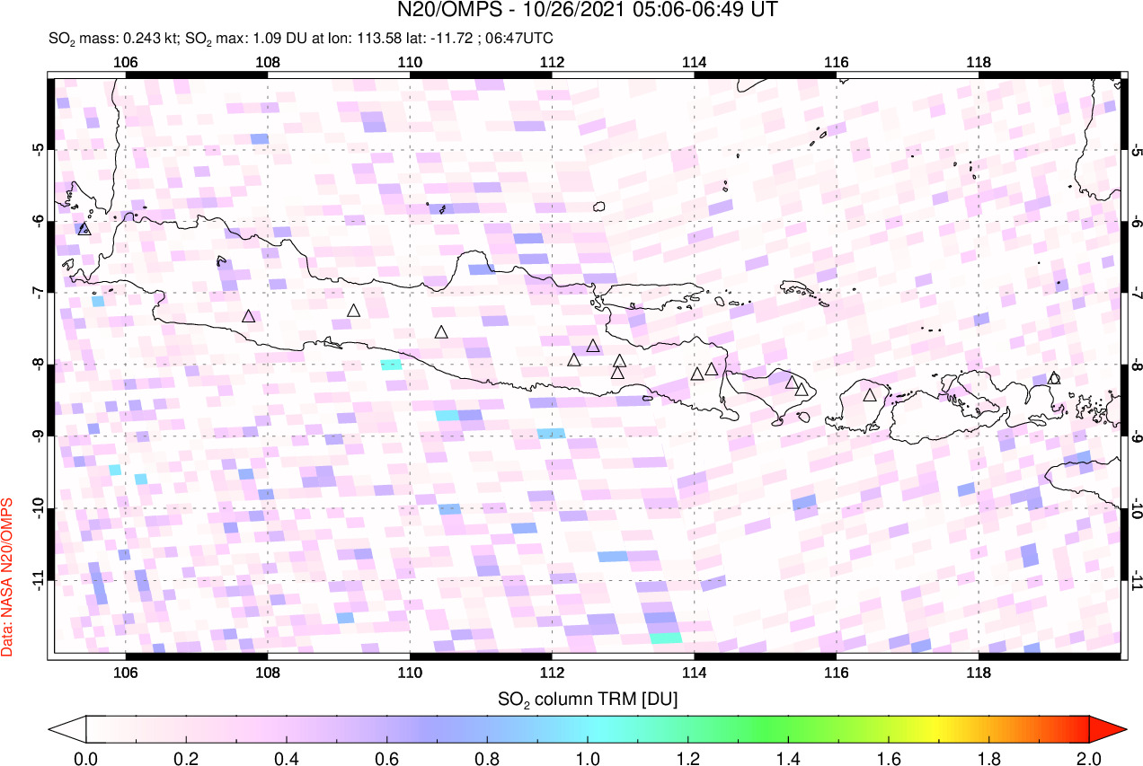 A sulfur dioxide image over Java, Indonesia on Oct 26, 2021.