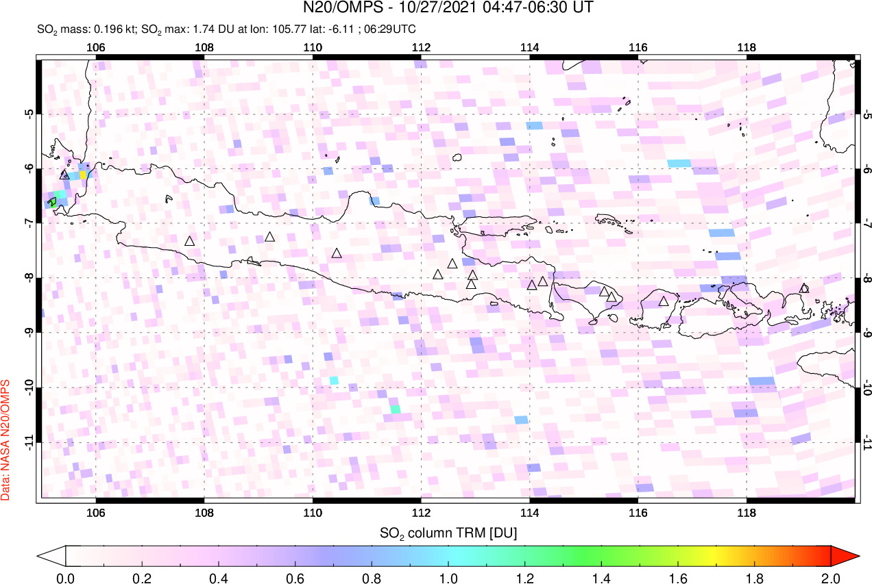 A sulfur dioxide image over Java, Indonesia on Oct 27, 2021.