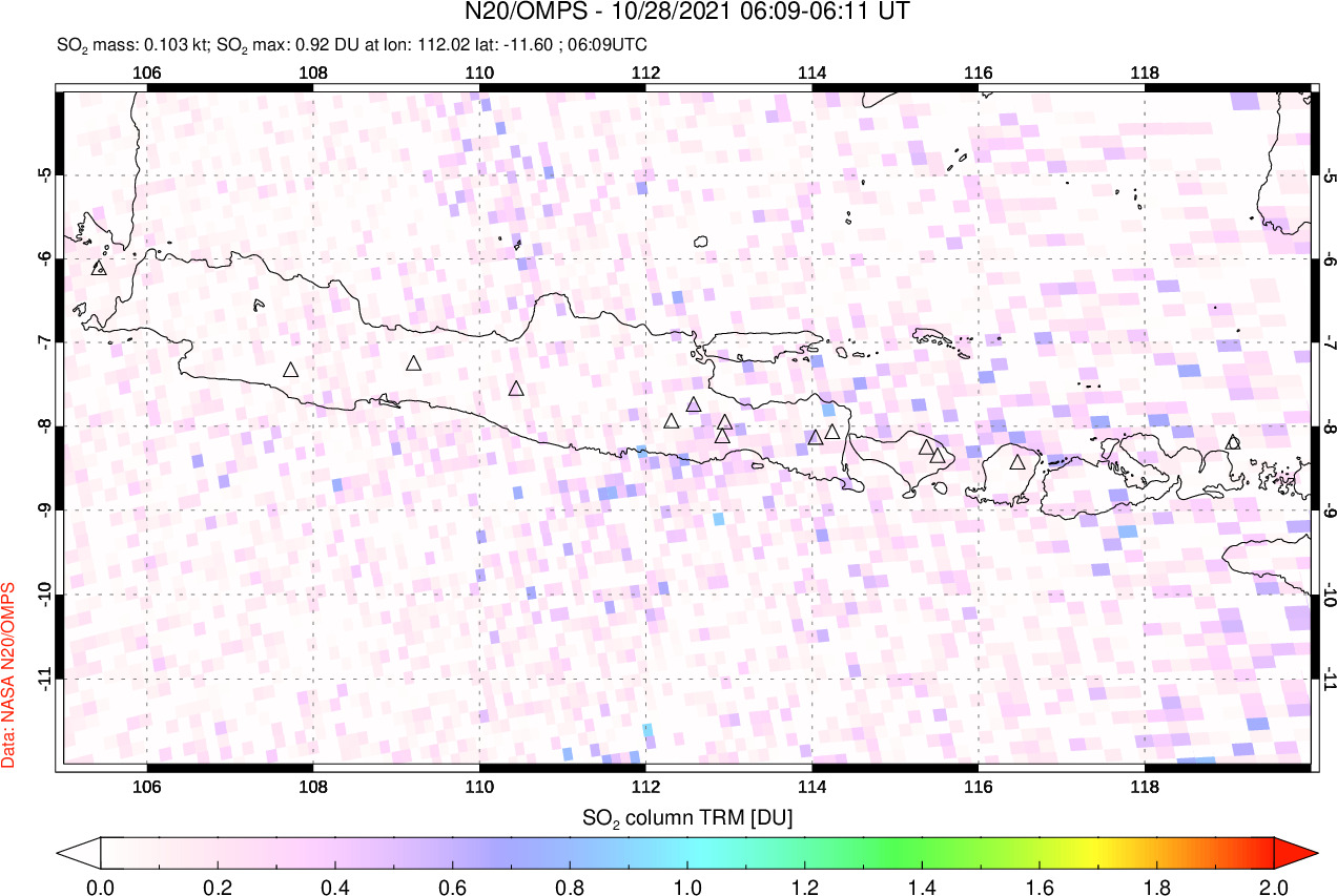A sulfur dioxide image over Java, Indonesia on Oct 28, 2021.
