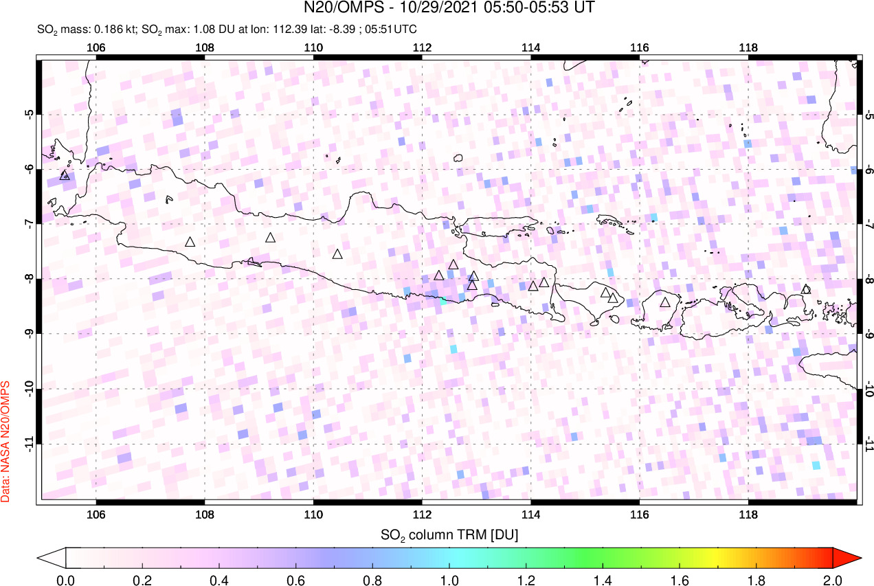 A sulfur dioxide image over Java, Indonesia on Oct 29, 2021.