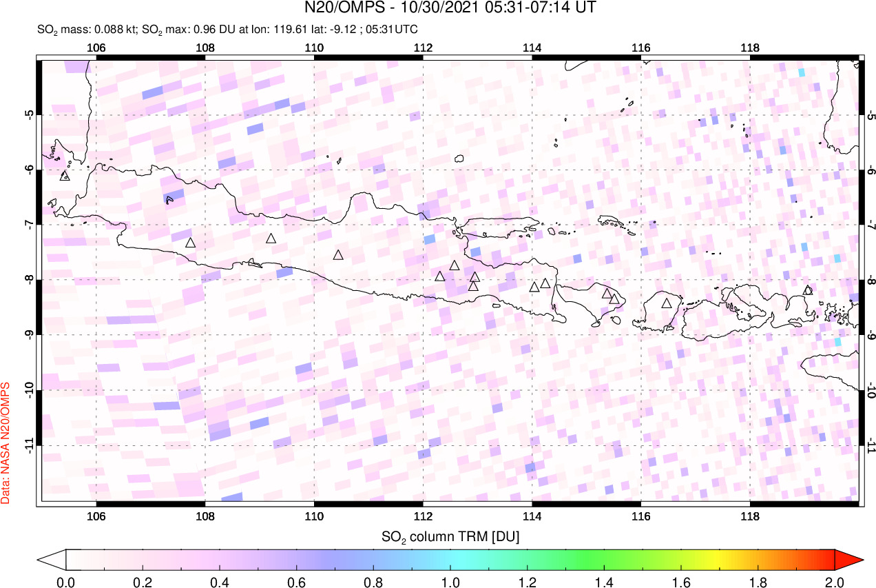 A sulfur dioxide image over Java, Indonesia on Oct 30, 2021.