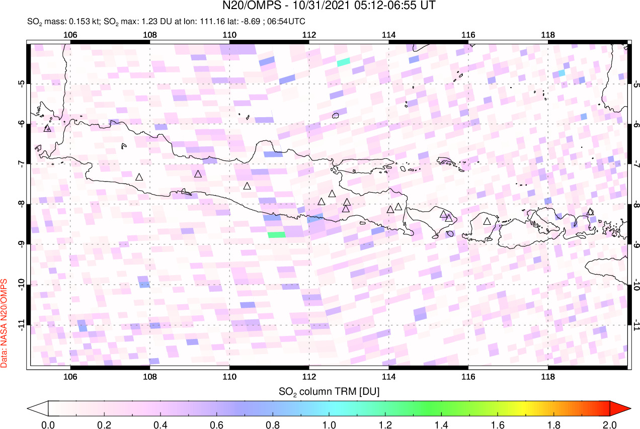 A sulfur dioxide image over Java, Indonesia on Oct 31, 2021.